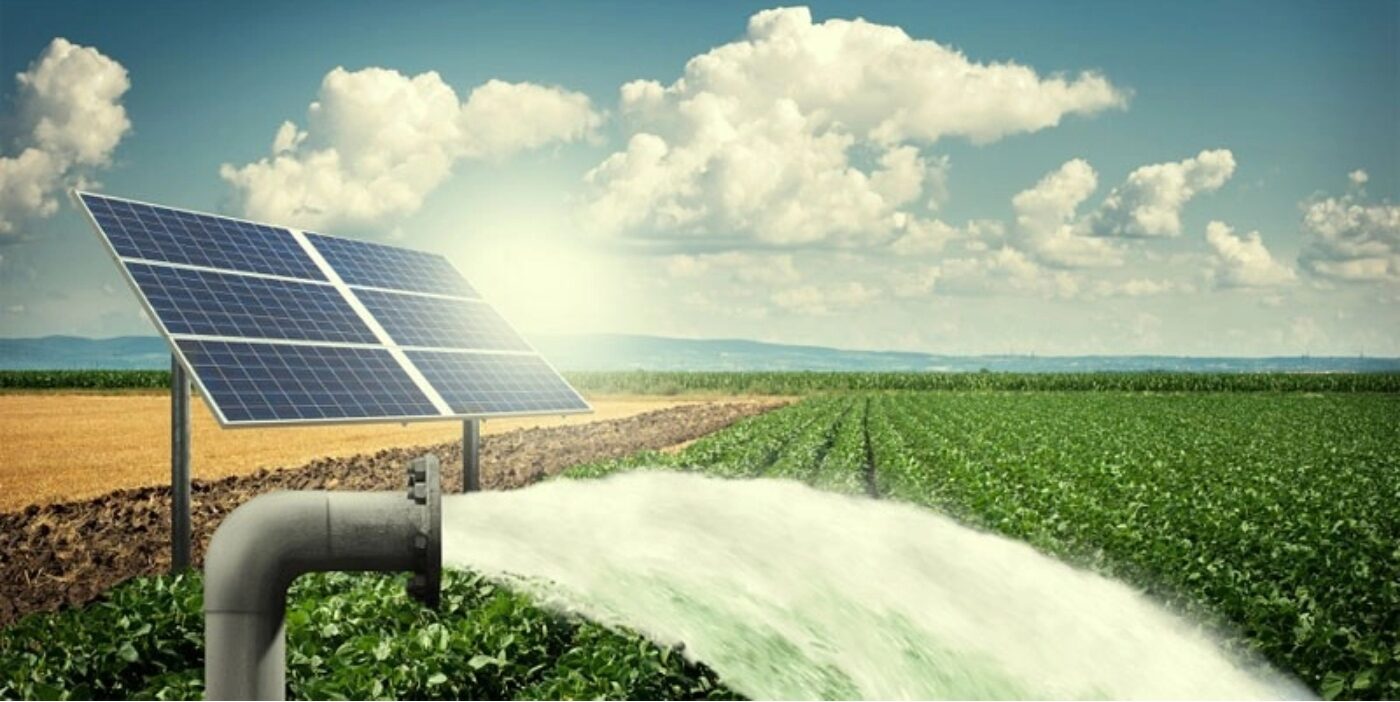 A stock image illustrating solar water pump irrigation concepts